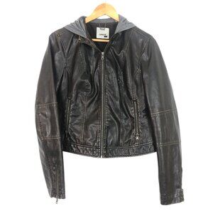 Levi's Faux Leather Moto Hoodie Jacket Hood Sz Large Full Zip Burnished Accents